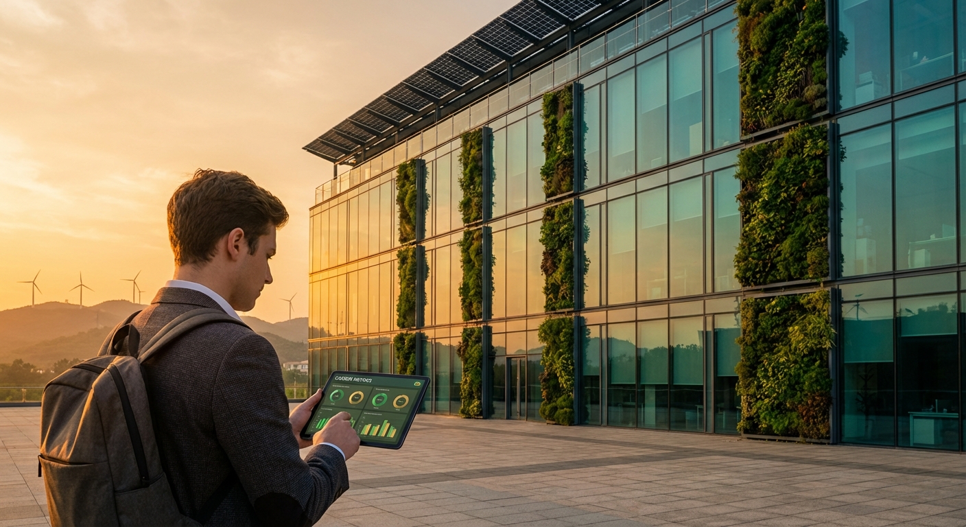 Modern sustainable business building with solar panels and green walls, representing the SME net-zero journey
