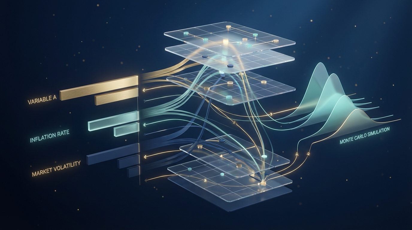 Abstract 3D visualization of sensitivity analysis for financial modelling, showing translucent data layers with tornado charts and probability distributions in navy, gold and teal colors